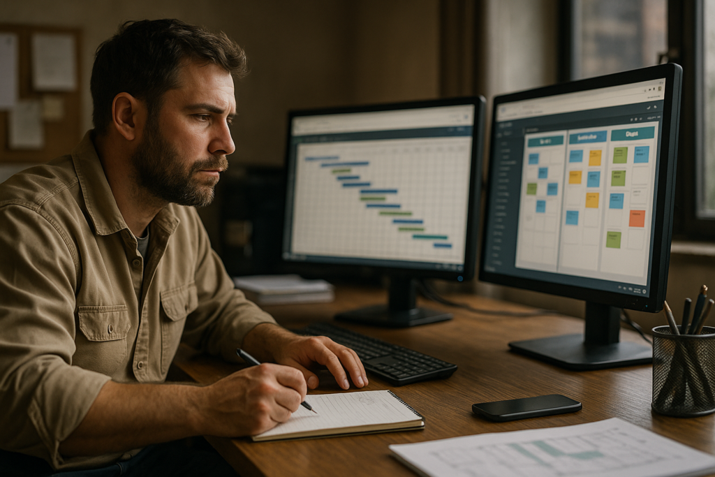 Ultra realistic image for 10 Features Every Trade Business Software Must Have in 2025. Focus: intimate interior detail shot with shallow depth of field, ultra realistic