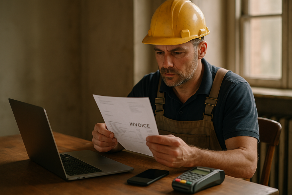 Ultra realistic image for 5 Ways to Get Paid Faster as a UK Tradesman. Focus: intimate interior detail shot with shallow depth of field, ultra realistic