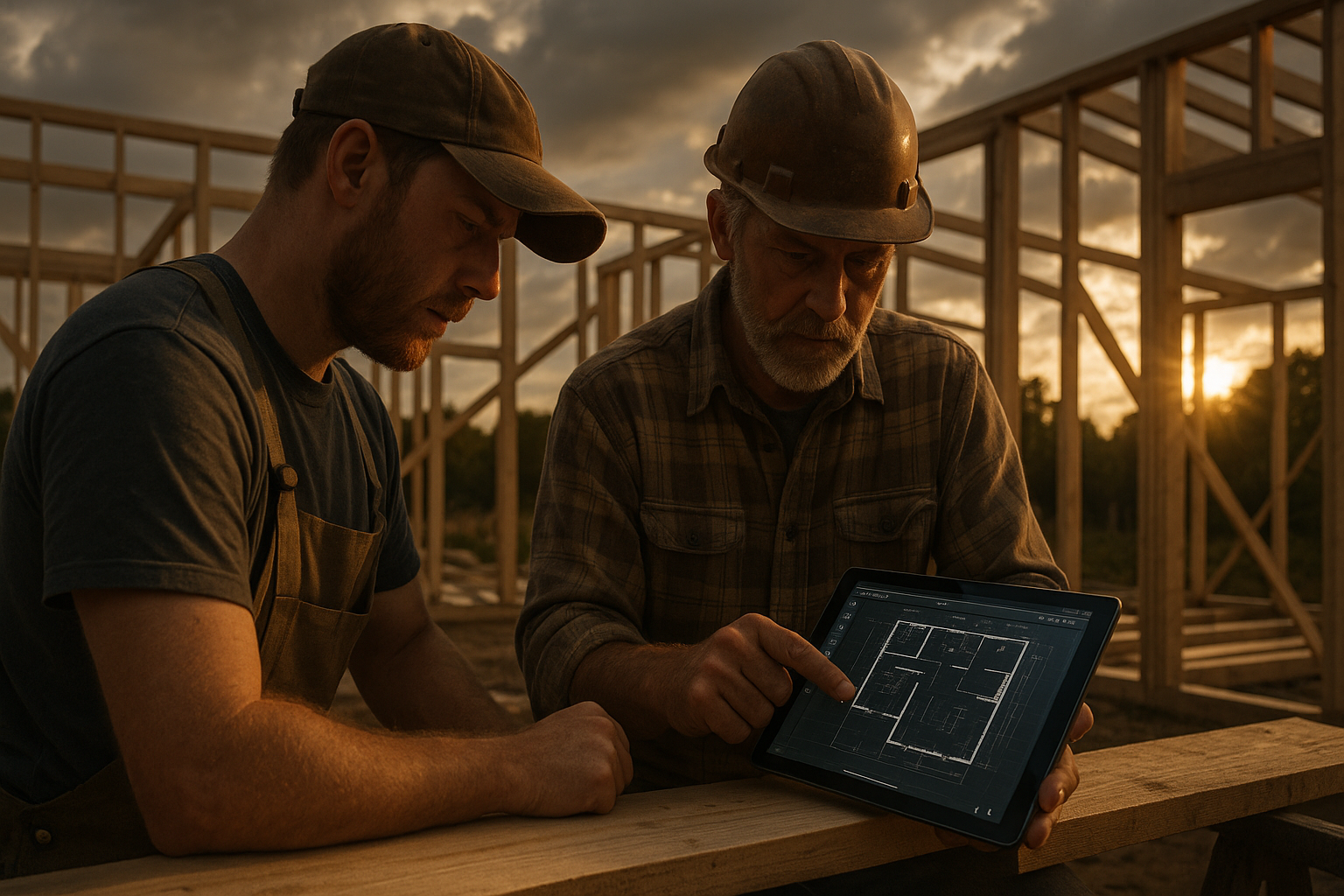 Ultra realistic image for Carpentry Teams Boost Accuracy With Digital Floor Plans. Focus: wide cinematic exterior view with dramatic lighting, ultra realistic