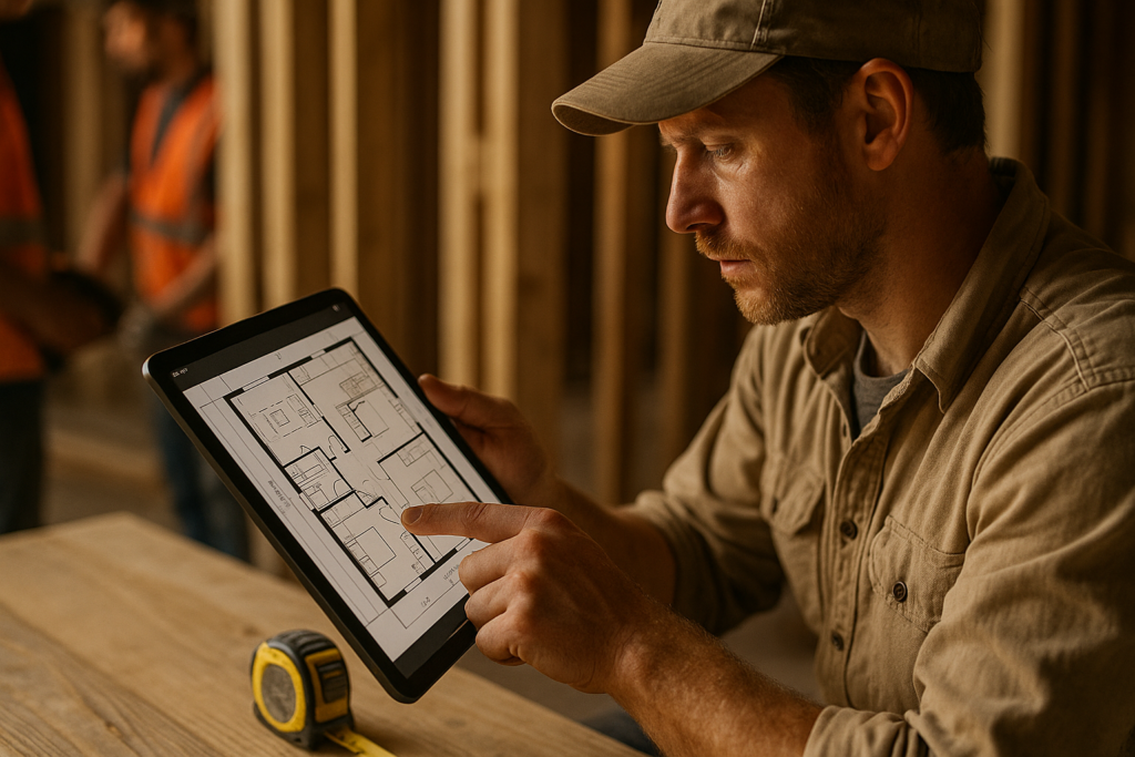 Ultra realistic image for Carpentry Teams Boost Accuracy With Digital Floor Plans. Focus: intimate interior detail shot with shallow depth of field, ultra realistic