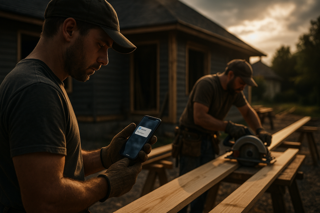 Ultra realistic image for Carpentry Teams Use Smart Reminders to Avoid Missed Tasks. Focus: wide cinematic exterior view with dramatic lighting, ultra realistic