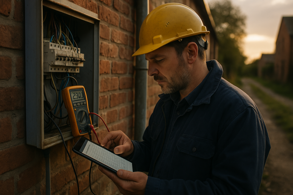 Ultra realistic image for Electricians Document Test Results With Timestamps. Focus: wide cinematic exterior view with dramatic lighting, ultra realistic
