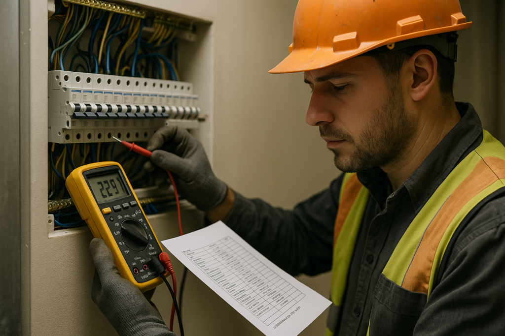 Ultra realistic image for Electricians Document Test Results With Timestamps. Focus: intimate interior detail shot with shallow depth of field, ultra realistic