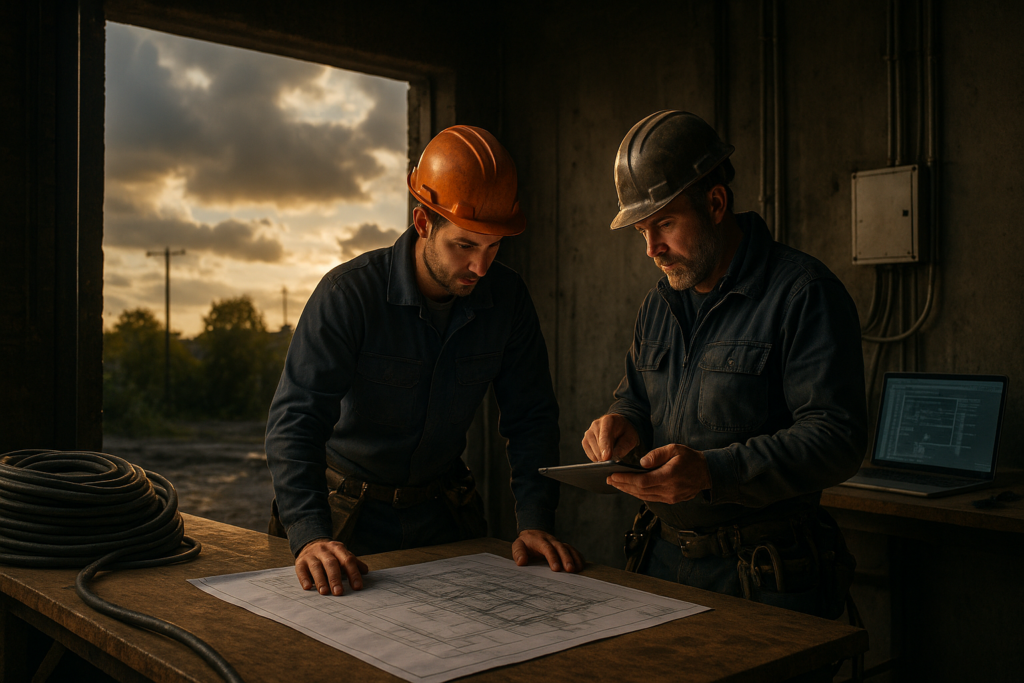 Ultra realistic image for Electricians Increase Efficiency With Shared Workspaces. Focus: wide cinematic exterior view with dramatic lighting, ultra realistic