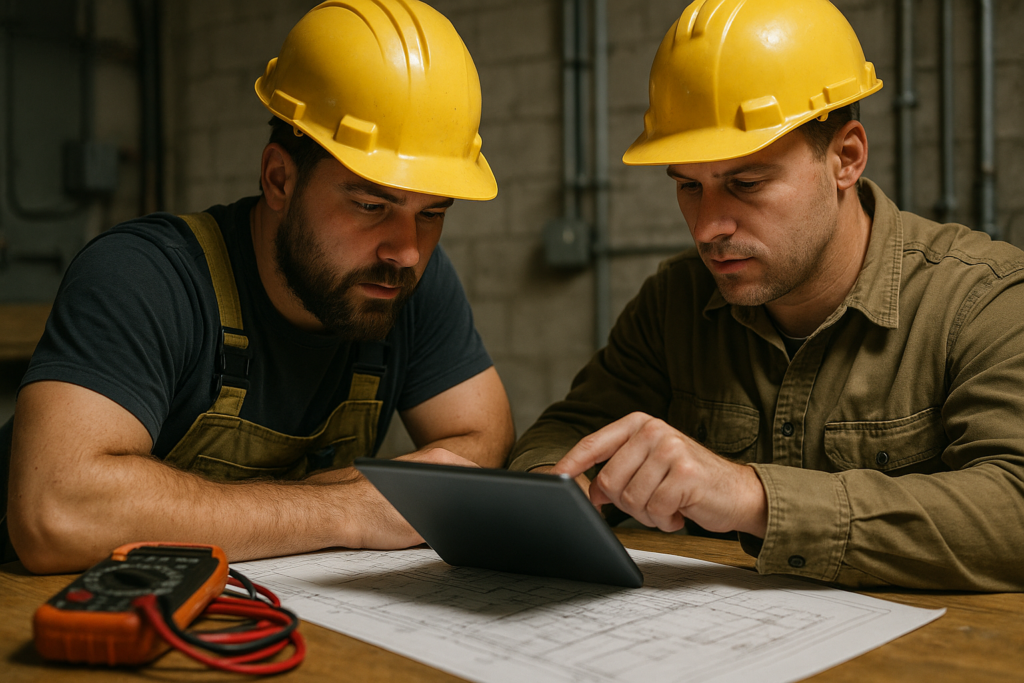 Ultra realistic image for Electricians Increase Efficiency With Shared Workspaces. Focus: intimate interior detail shot with shallow depth of field, ultra realistic