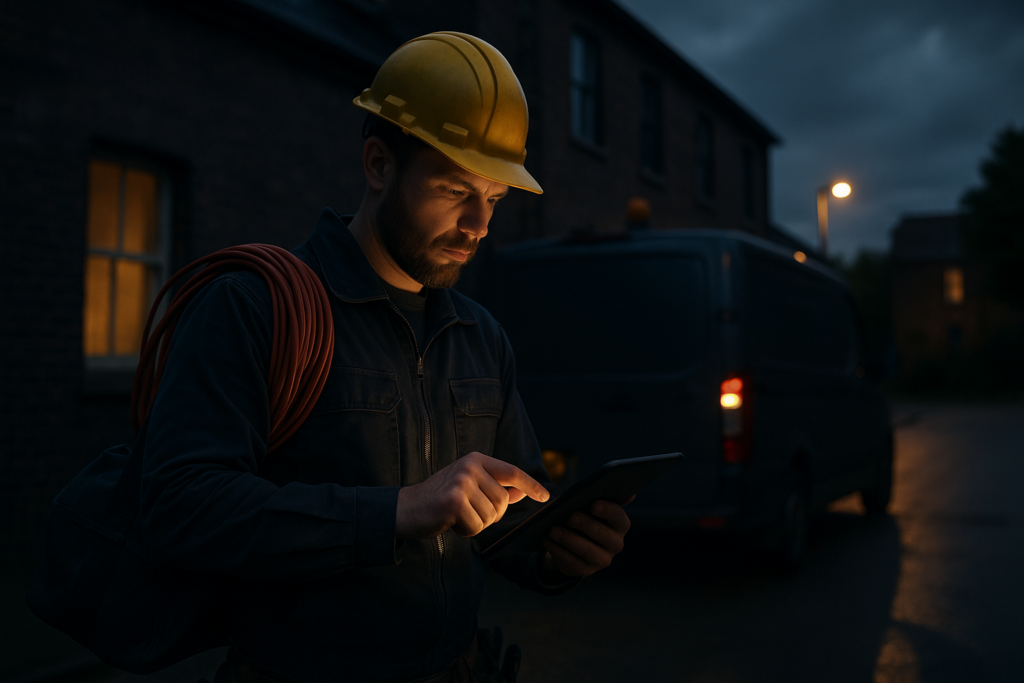 Ultra realistic image for Electricians Review Project Tasks Before Arriving On Site. Focus: wide cinematic exterior view with dramatic lighting, ultra realistic
