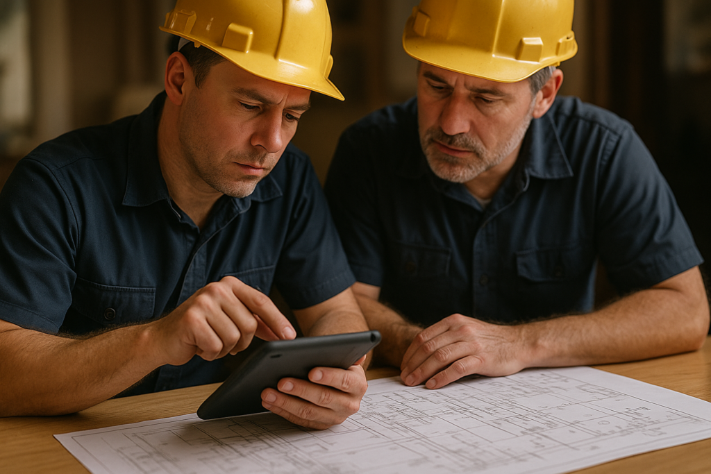 Ultra realistic image for Electricians Review Project Tasks Before Arriving On Site. Focus: intimate interior detail shot with shallow depth of field, ultra realistic