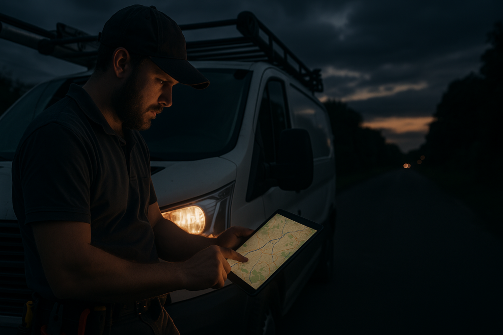 Ultra realistic image for Electricians Use Mapping Tools for Efficient Routing. Focus: wide cinematic exterior view with dramatic lighting, ultra realistic