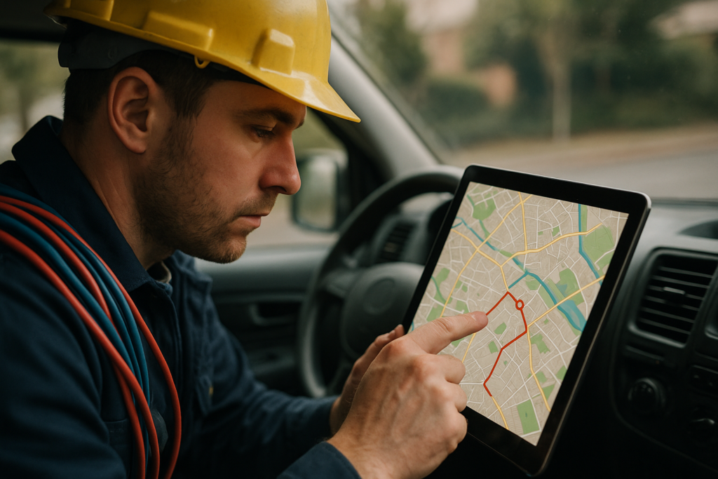 Ultra realistic image for Electricians Use Mapping Tools for Efficient Routing. Focus: intimate interior detail shot with shallow depth of field, ultra realistic
