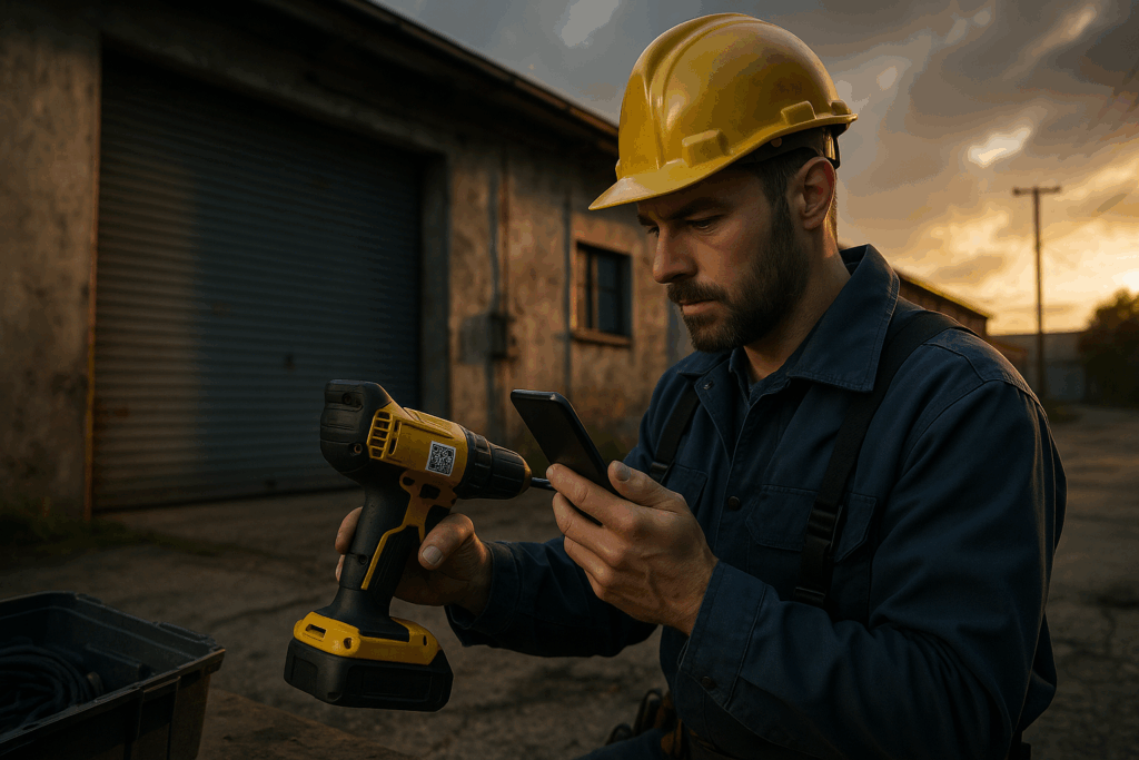 Ultra realistic image for Electricians Use QR Codes for Equipment Tracking. Focus: wide cinematic exterior view with dramatic lighting, ultra realistic