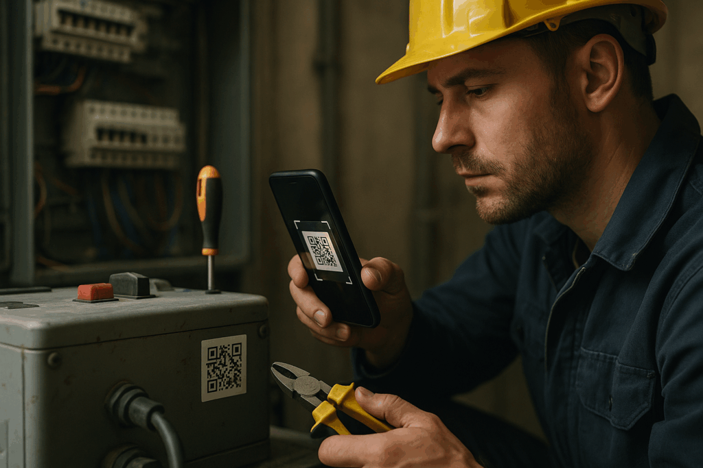 Ultra realistic image for Electricians Use QR Codes for Equipment Tracking. Focus: intimate interior detail shot with shallow depth of field, ultra realistic
