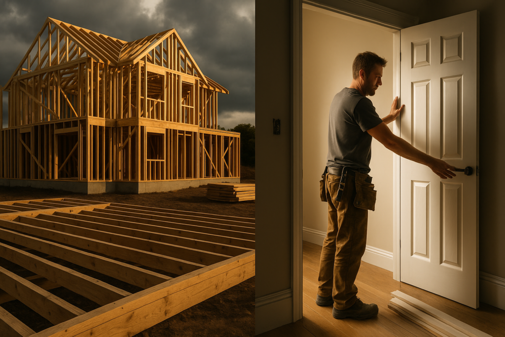 Ultra realistic image for First Fix vs Second Fix Carpentry: Managing Both in One System. Focus: wide cinematic exterior view with dramatic lighting, ultra realistic