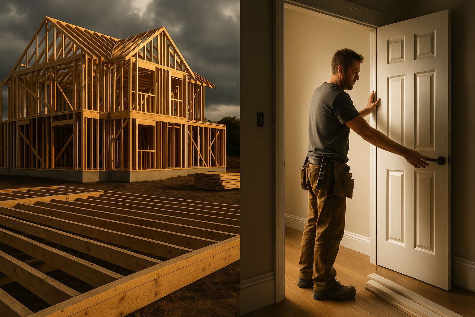 Ultra realistic image for First Fix vs Second Fix Carpentry: Managing Both in One System. Focus: wide cinematic exterior view with dramatic lighting, ultra realistic