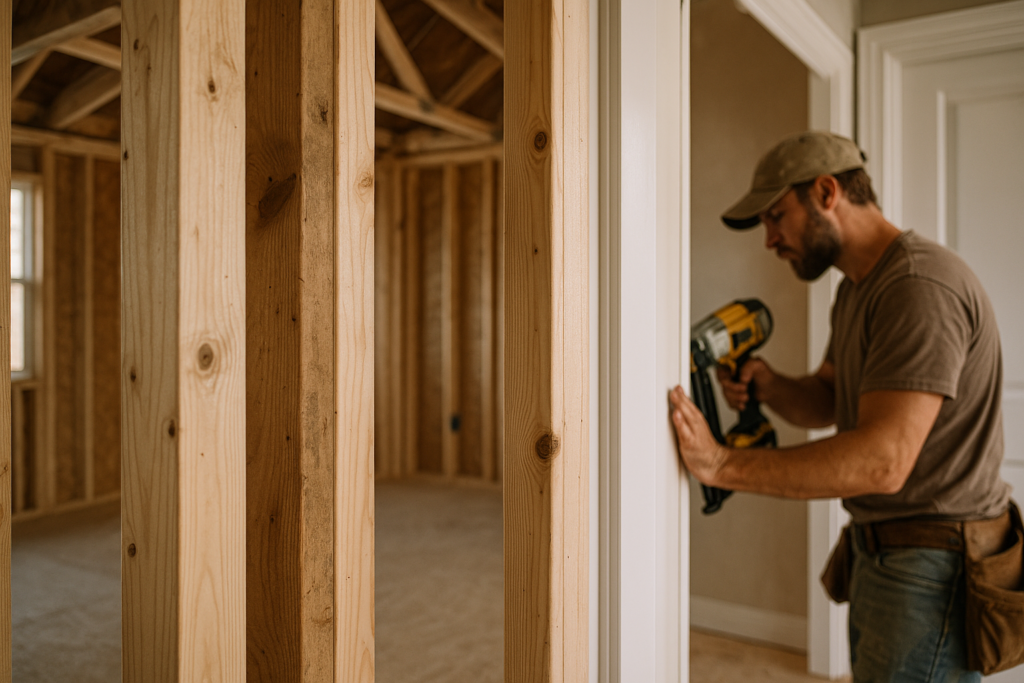 Ultra realistic image for First Fix vs Second Fix Carpentry: Managing Both in One System. Focus: intimate interior detail shot with shallow depth of field, ultra realistic