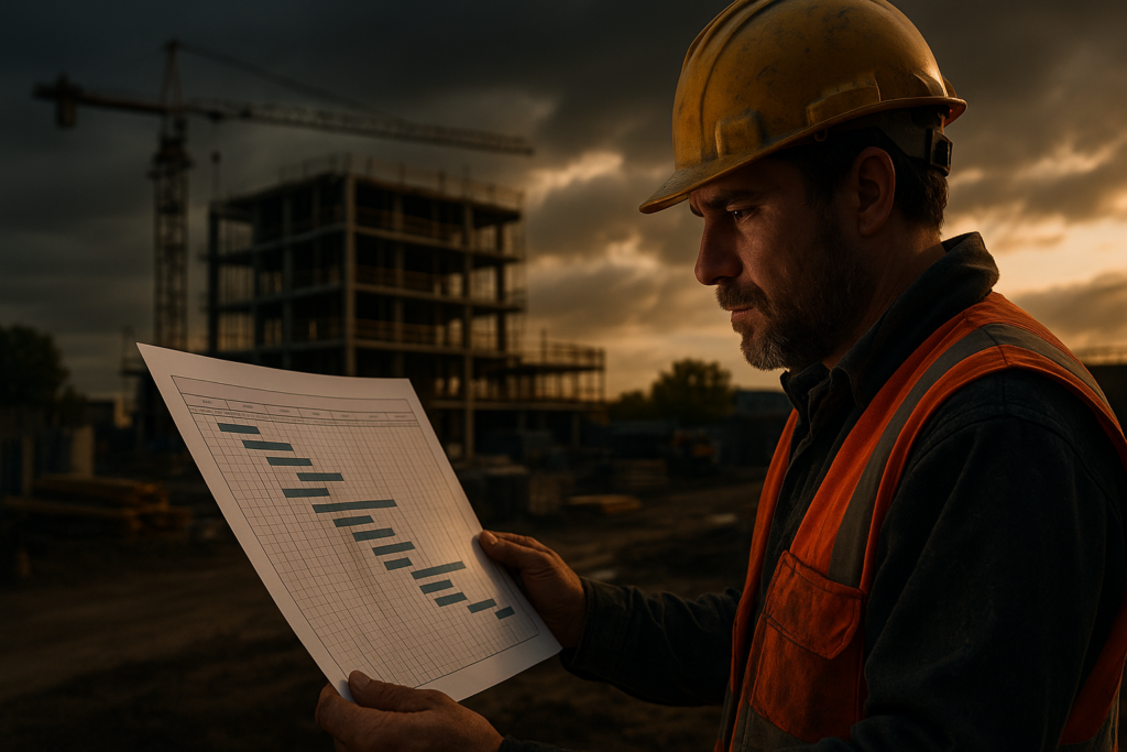 Ultra realistic image for Gantt Charts for Tradesmen: A Visual Guide to Job Scheduling. Focus: wide cinematic exterior view with dramatic lighting, ultra realistic