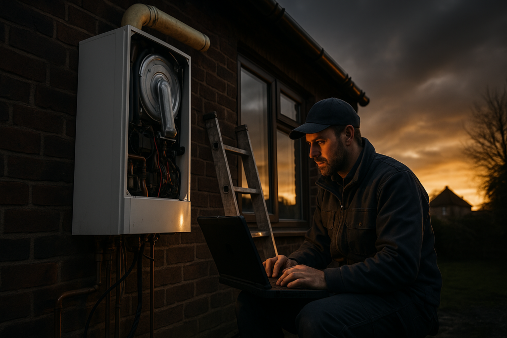 Ultra realistic image for How Boiler Engineers Manage Service and Installation Work. Focus: wide cinematic exterior view with dramatic lighting, ultra realistic
