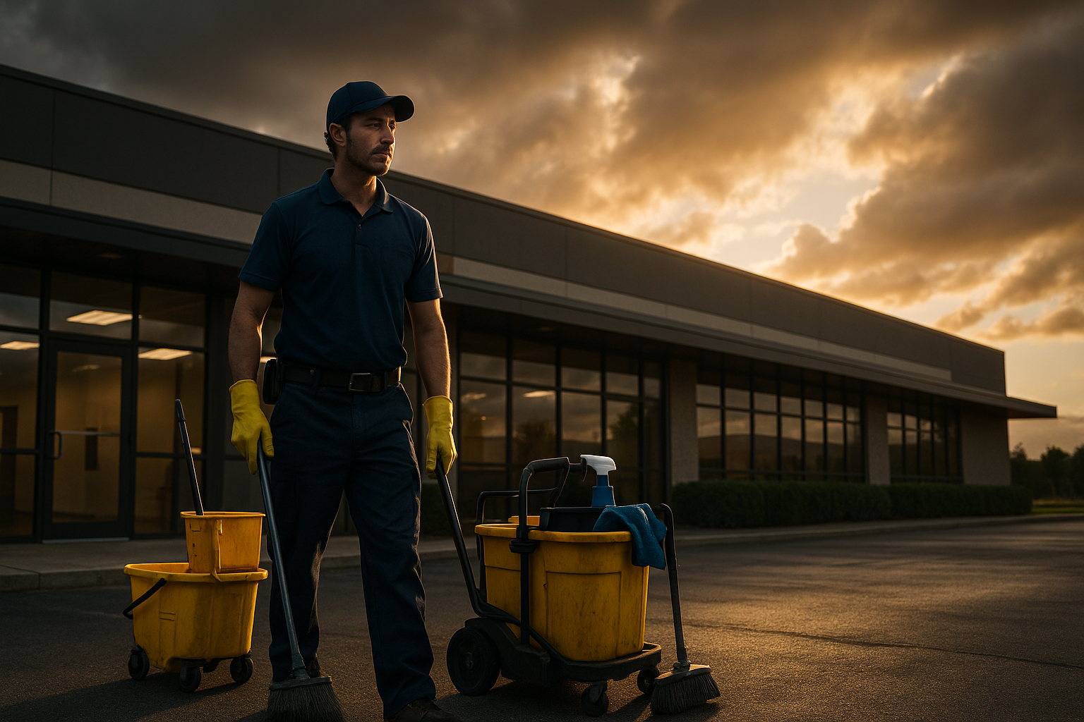 Ultra realistic image for How Cleaning Companies Scale Without Per-User Software Fees. Focus: wide cinematic exterior view with dramatic lighting, ultra realistic