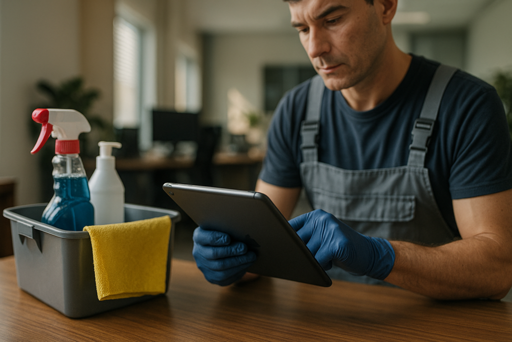 Ultra realistic image for How Cleaning Companies Scale Without Per-User Software Fees. Focus: intimate interior detail shot with shallow depth of field, ultra realistic