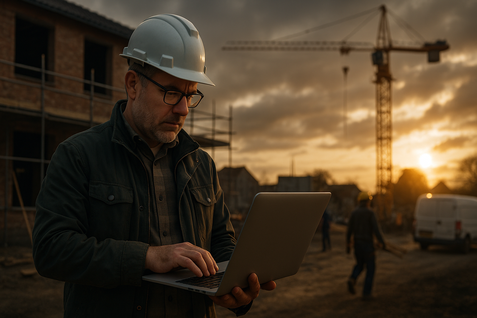 Ultra realistic image for How ConstruX Can Transform Your Trade Business Project Management. Focus: wide cinematic exterior view with dramatic lighting, ultra realistic