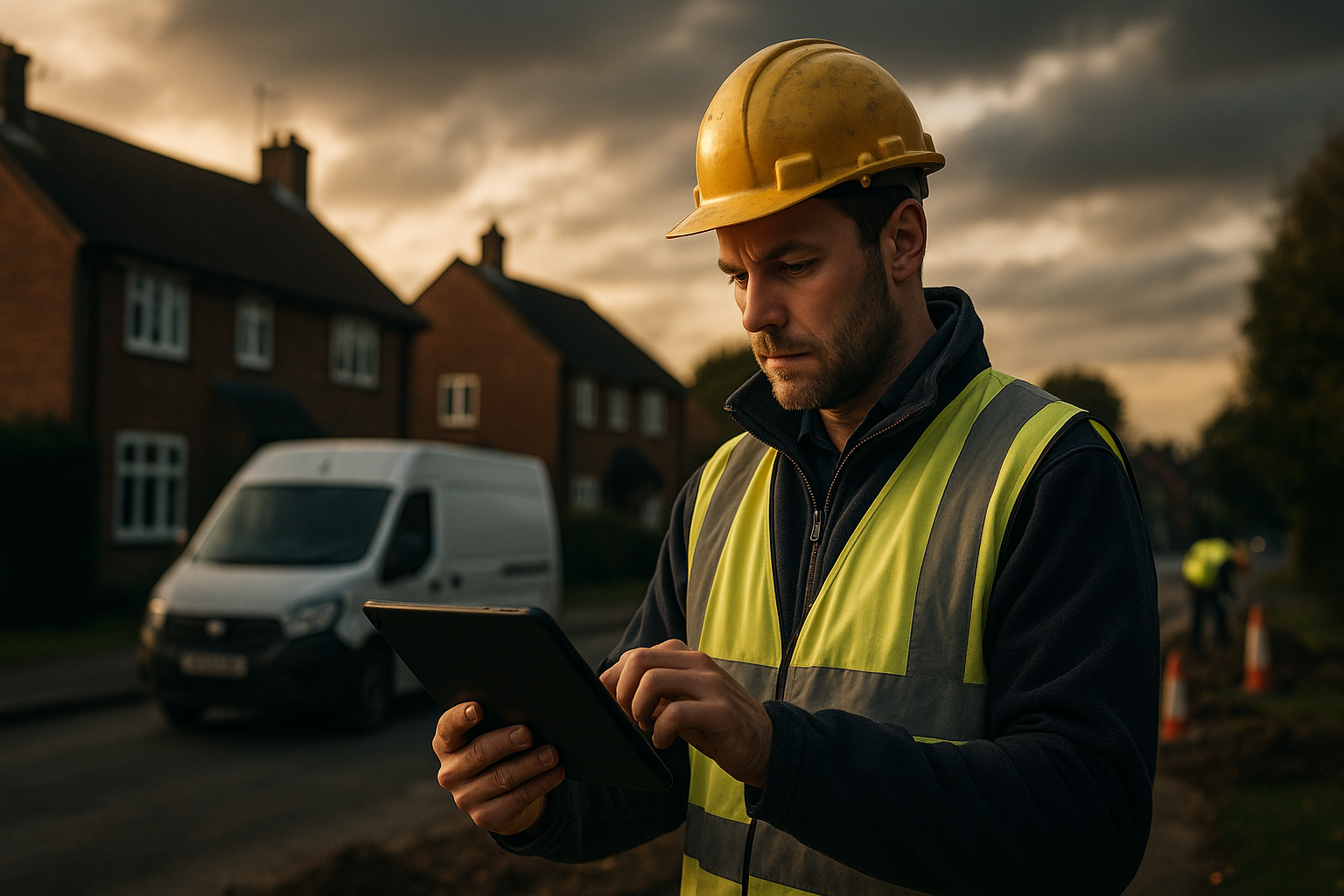 Ultra realistic image for How ConstruX Helps UK Tradesmen Save Time, Get Paid Faster, and Manage Jobs More Efficiently. Focus: wide cinematic exterior view with dramatic lighting, ultra realistic