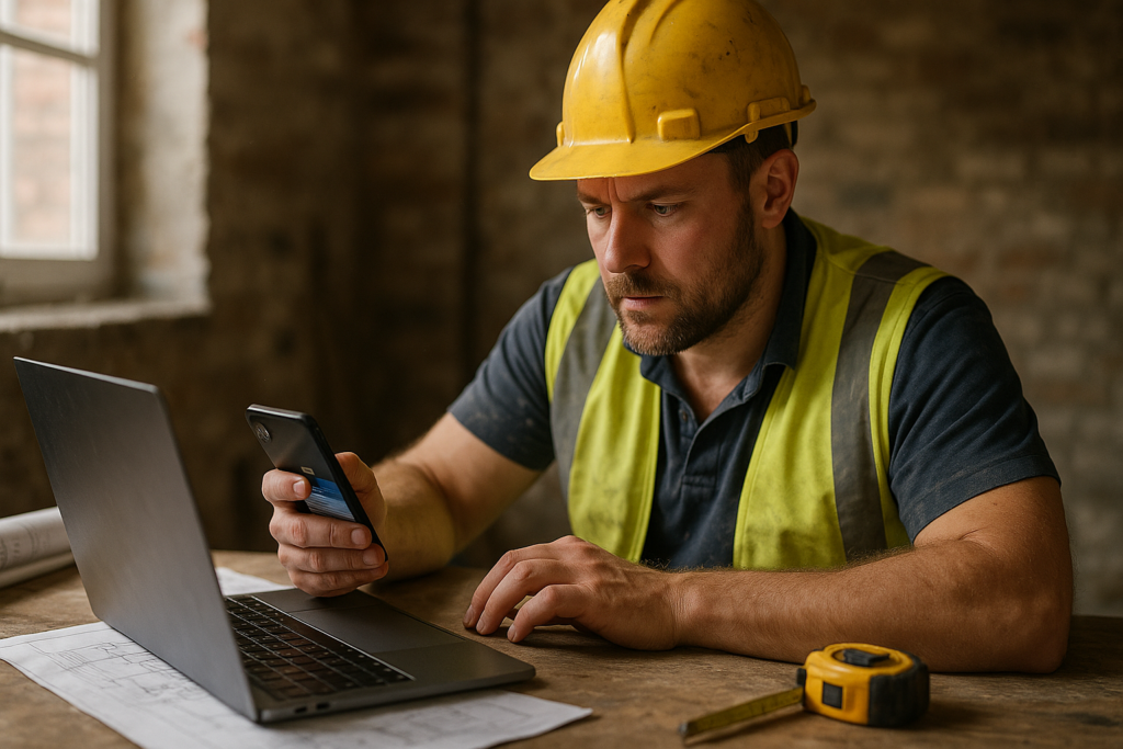 Ultra realistic image for How ConstruX Helps UK Tradesmen Save Time, Get Paid Faster, and Manage Jobs More Efficiently. Focus: intimate interior detail shot with shallow depth of field, ultra realistic