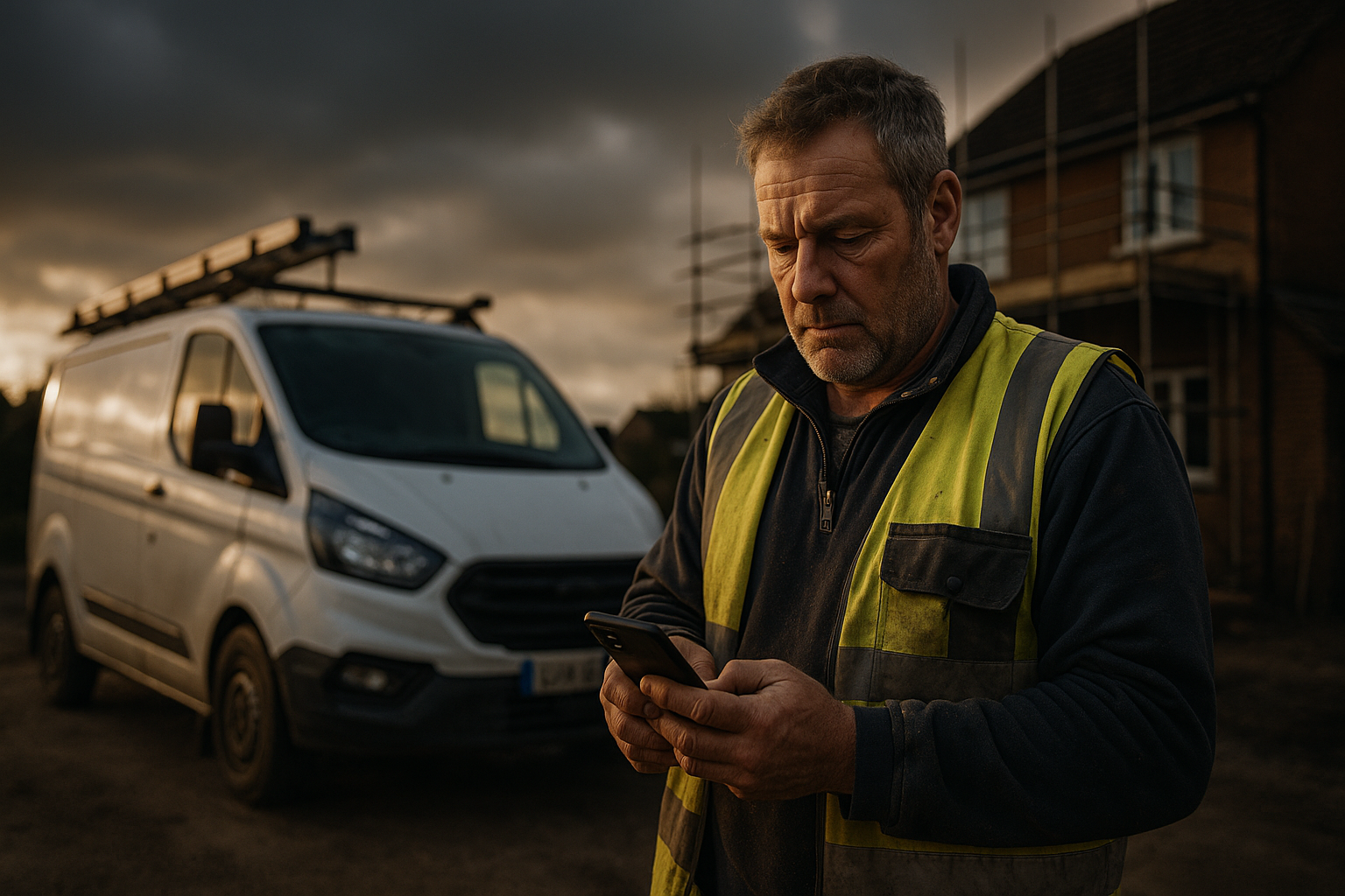 Ultra realistic image for How ConstruX Simplifies Job Management for UK Tradesmen. Focus: wide cinematic exterior view with dramatic lighting, ultra realistic