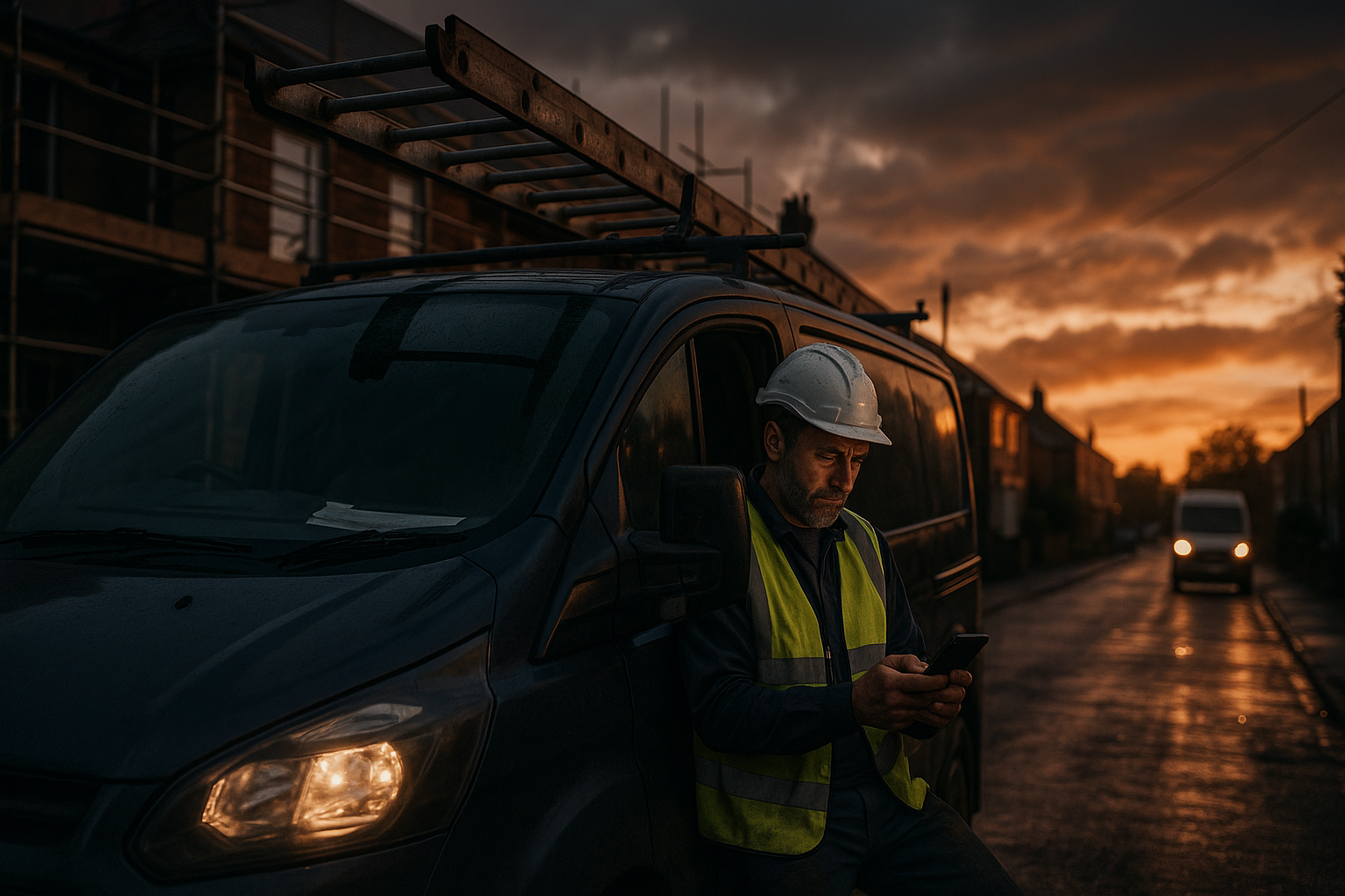Ultra realistic image for How ConstruX Simplifies Project Management for UK Trade Businesses. Focus: wide cinematic exterior view with dramatic lighting, ultra realistic