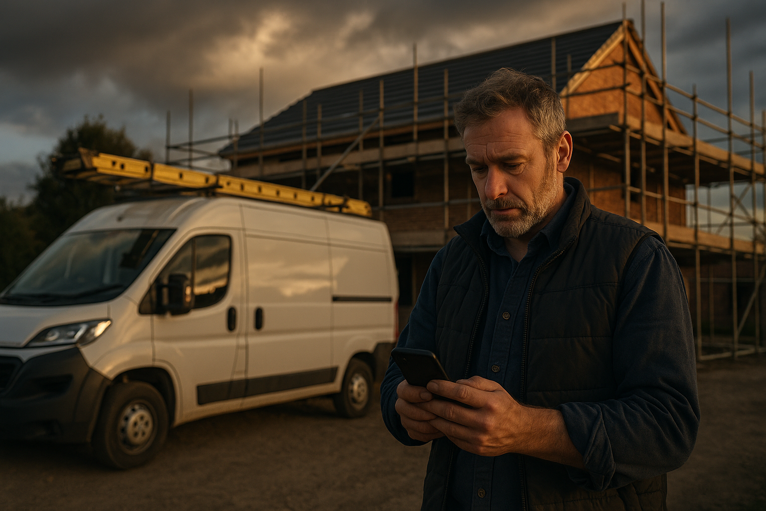 Ultra realistic image for How ConstruX Simplifies Project Management for UK Trades Businesses. Focus: wide cinematic exterior view with dramatic lighting, ultra realistic