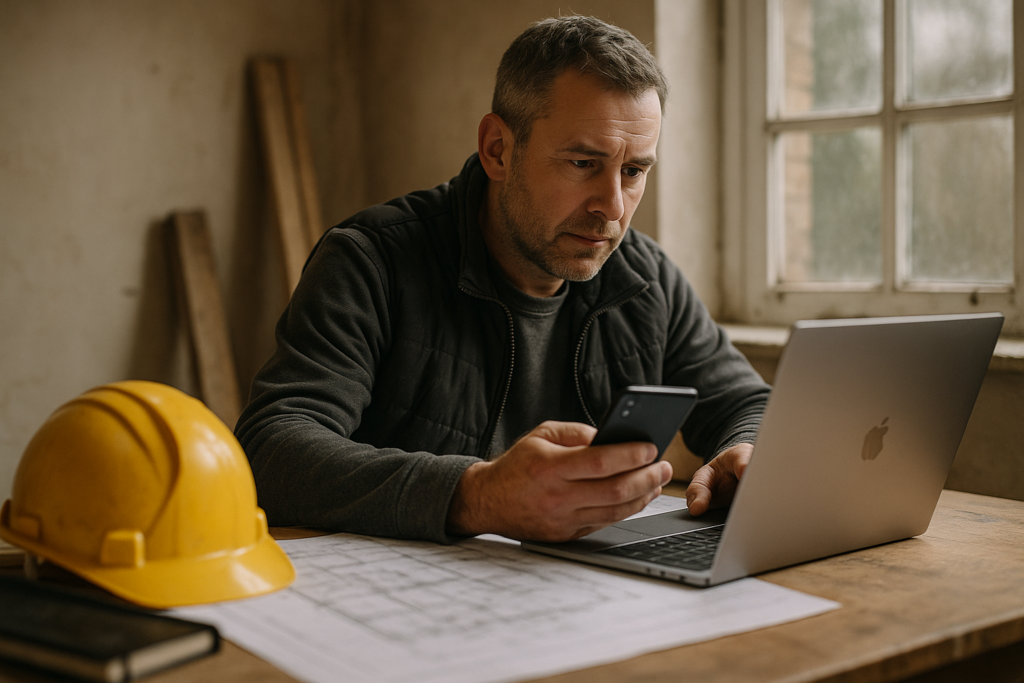Ultra realistic image for How ConstruX Simplifies Project Management for UK Trades Businesses. Focus: intimate interior detail shot with shallow depth of field, ultra realistic