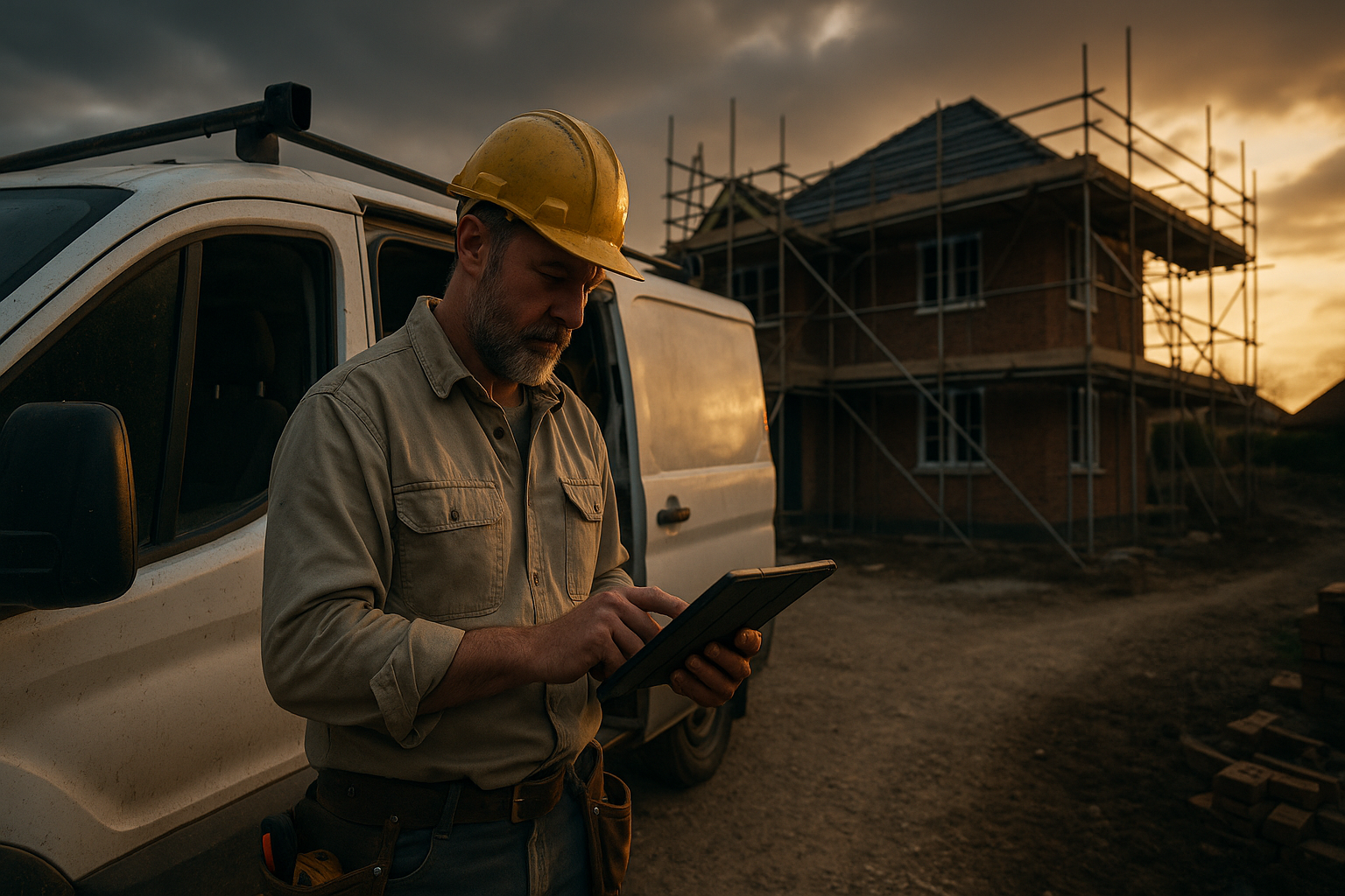 Ultra realistic image for How ConstruX Simplifies Project Management for UK Tradesmen. Focus: wide cinematic exterior view with dramatic lighting, ultra realistic
