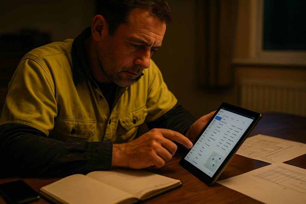 Ultra realistic image for How ConstruX Simplifies Project Management for UK Tradesmen. Focus: intimate interior detail shot with shallow depth of field, ultra realistic
