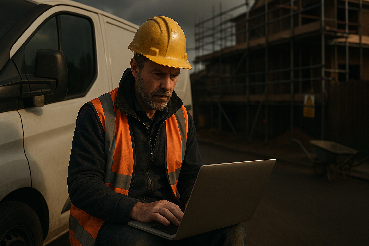 Ultra realistic image for How ConstruX Simplifies Project Management for UK Tradesmen and Contractors. Focus: wide cinematic exterior view with dramatic lighting, ultra realistic