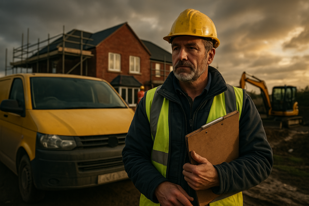 Ultra realistic image for How ConstruX Transforms Project Management for UK Trade Businesses. Focus: wide cinematic exterior view with dramatic lighting, ultra realistic