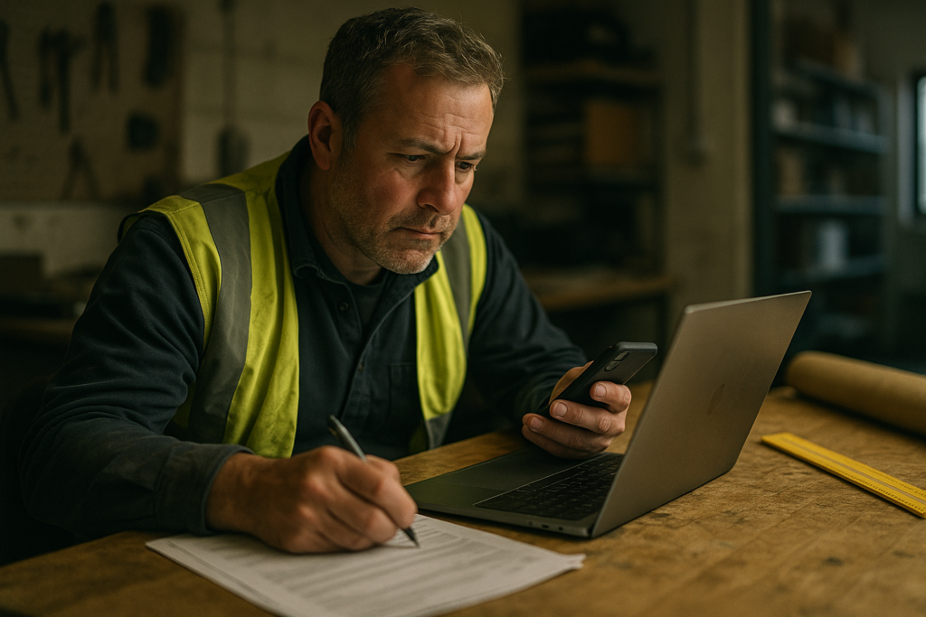 Ultra realistic image for How ConstruX Transforms Project Management for UK Trade Businesses. Focus: intimate interior detail shot with shallow depth of field, ultra realistic