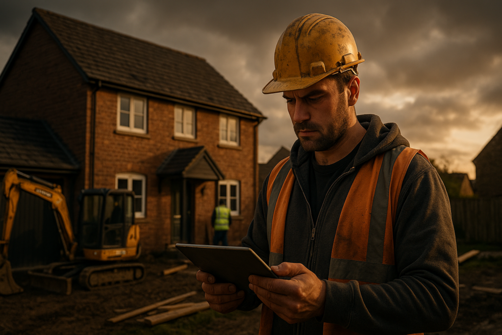 Ultra realistic image for How ConstruX Transforms Project Management for UK Tradesmen. Focus: wide cinematic exterior view with dramatic lighting, ultra realistic