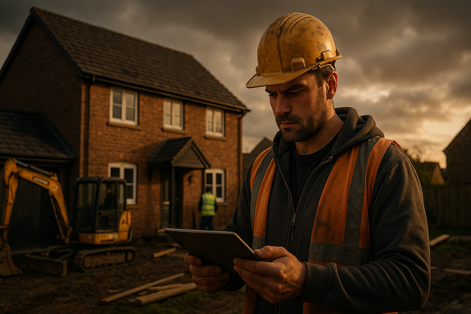 Ultra realistic image for How ConstruX Transforms Project Management for UK Tradesmen. Focus: wide cinematic exterior view with dramatic lighting, ultra realistic