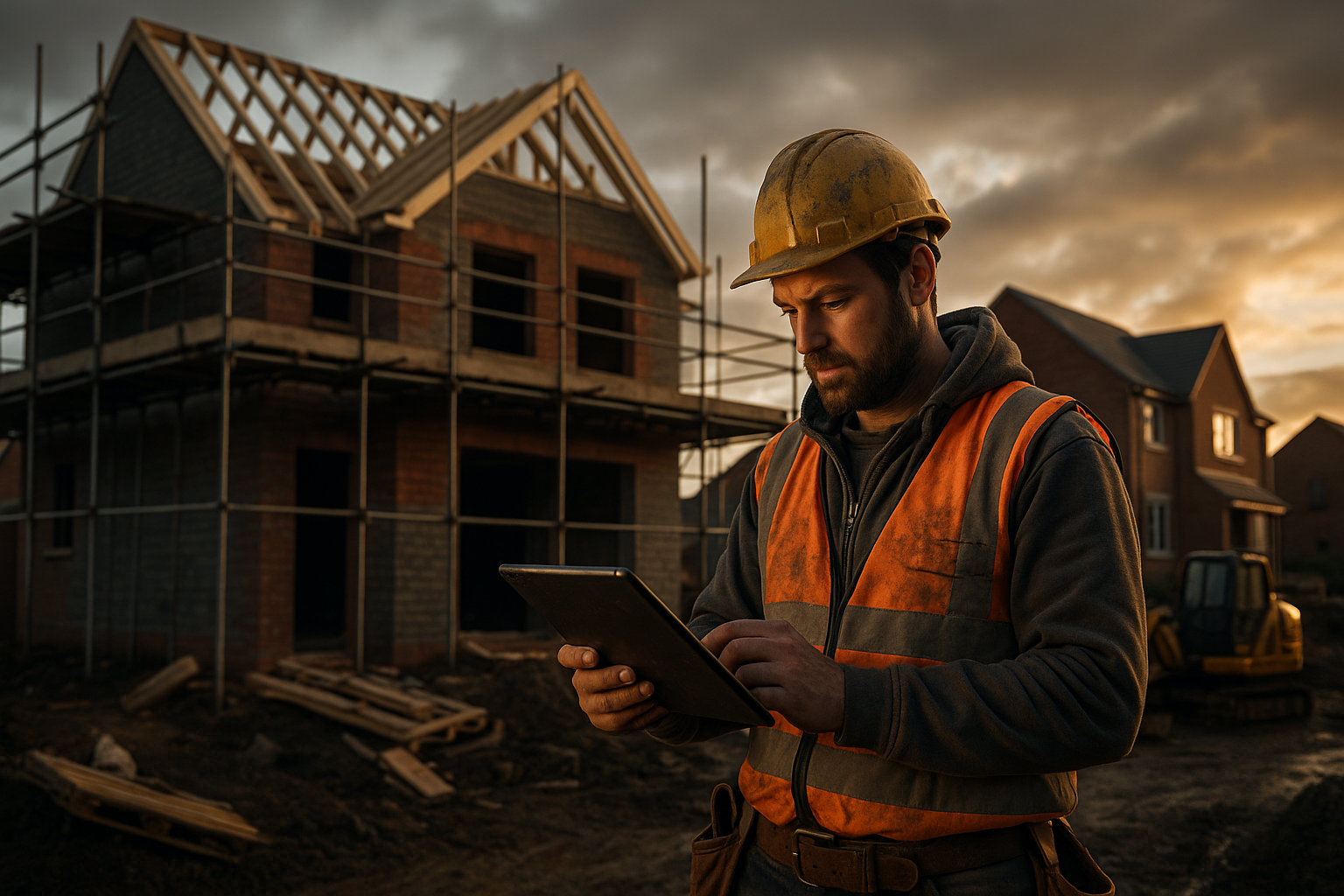 Ultra realistic image for How ConstruX Transforms Project Management for UK Tradesmen and Contractors. Focus: wide cinematic exterior view with dramatic lighting, ultra realistic