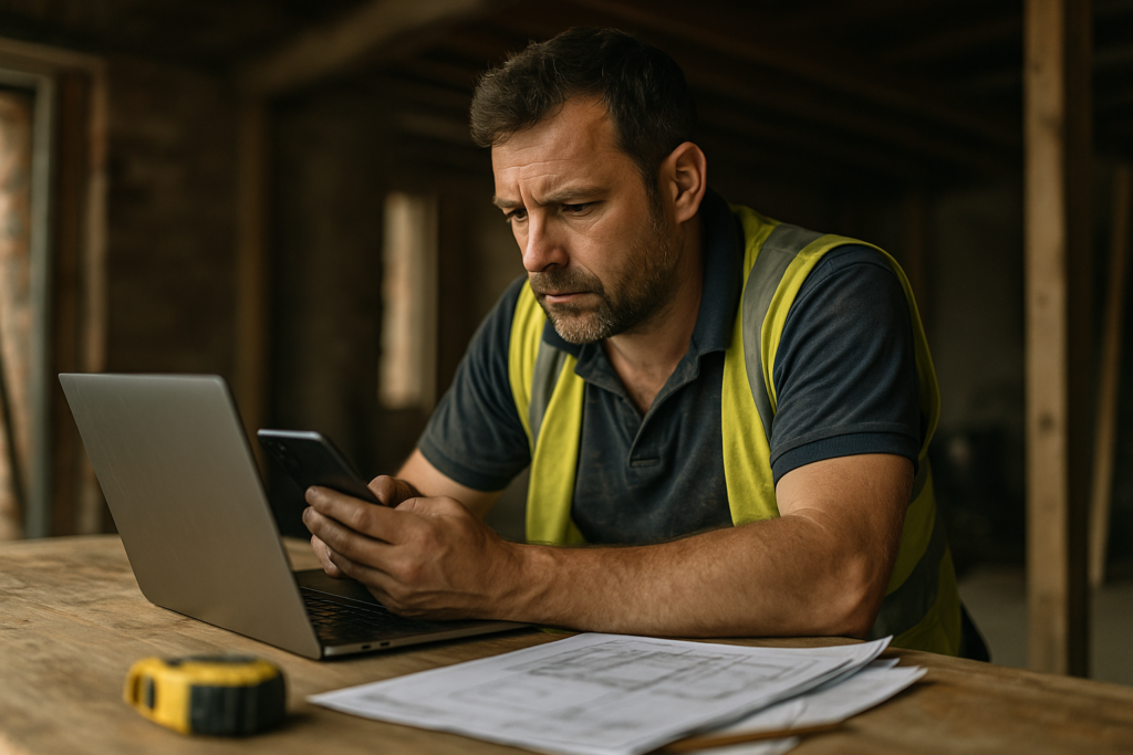 Ultra realistic image for How ConstruX Transforms Project Management for UK Tradesmen and Contractors. Focus: intimate interior detail shot with shallow depth of field, ultra realistic