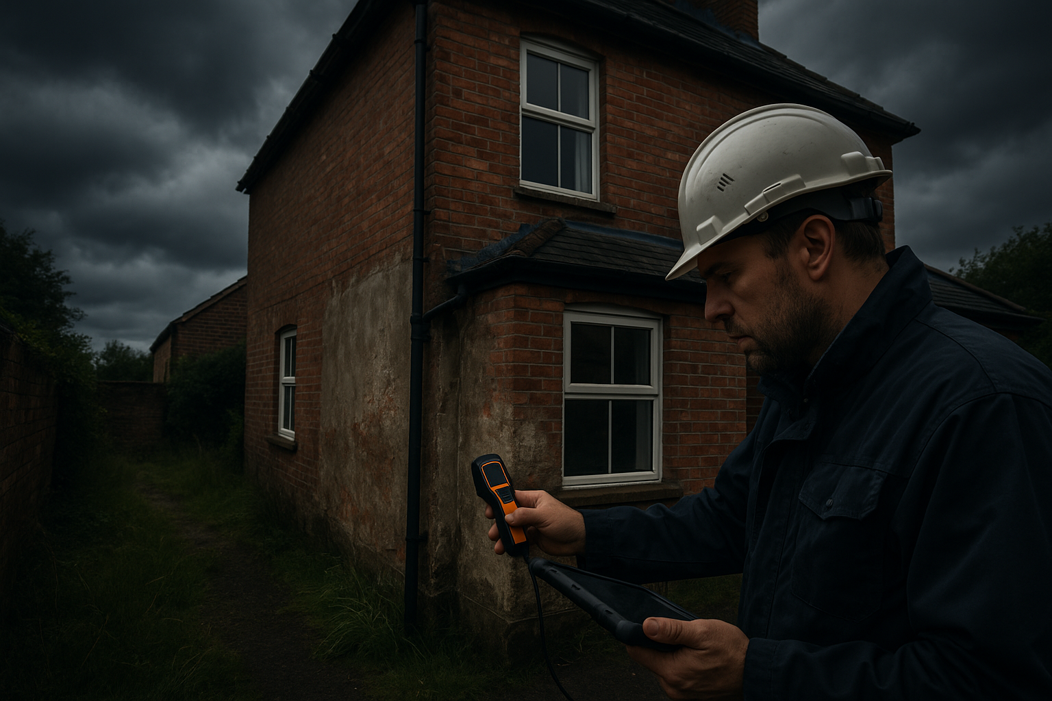Ultra realistic image for How Damp Proofing Companies Track Survey to Completion. Focus: wide cinematic exterior view with dramatic lighting, ultra realistic