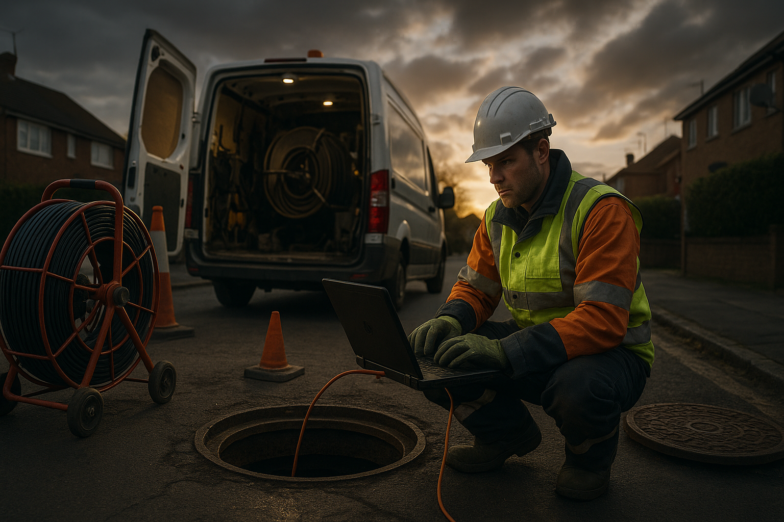 Ultra realistic image for How Drainage Companies Manage Reactive and Planned Work. Focus: wide cinematic exterior view with dramatic lighting, ultra realistic