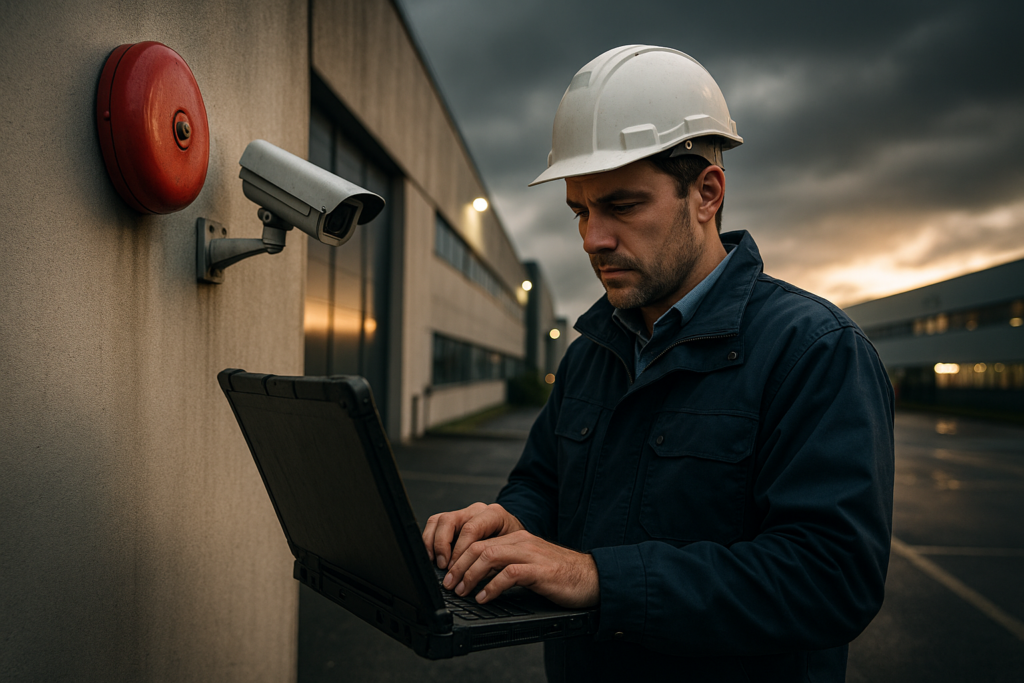 Ultra realistic image for How Fire and Security Companies Manage Compliance. Focus: wide cinematic exterior view with dramatic lighting, ultra realistic