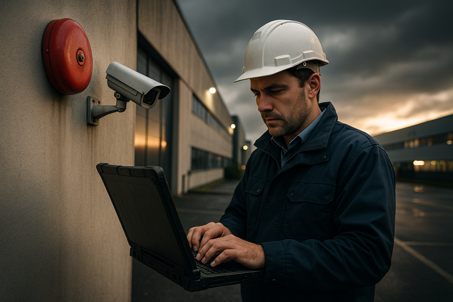 Ultra realistic image for How Fire and Security Companies Manage Compliance. Focus: wide cinematic exterior view with dramatic lighting, ultra realistic