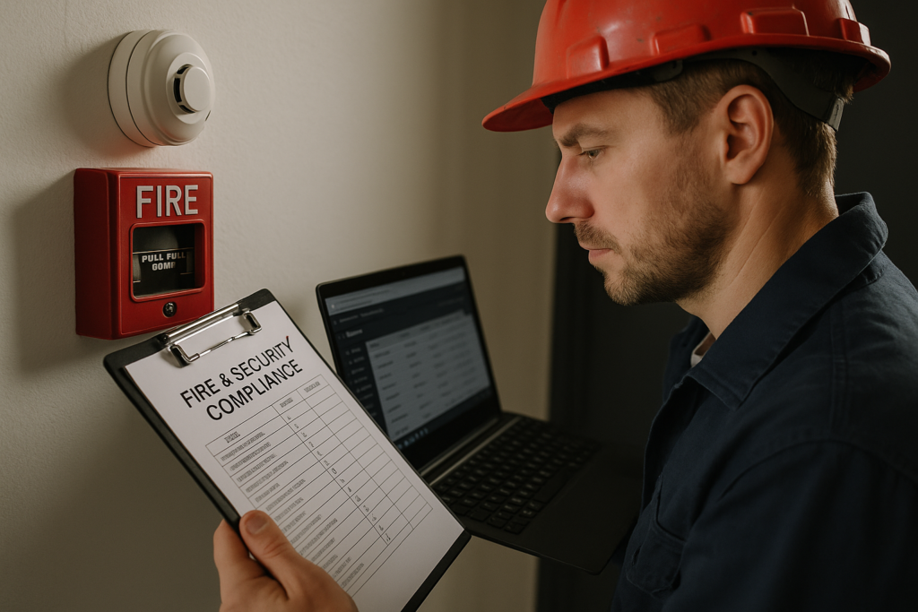 Ultra realistic image for How Fire and Security Companies Manage Compliance. Focus: intimate interior detail shot with shallow depth of field, ultra realistic