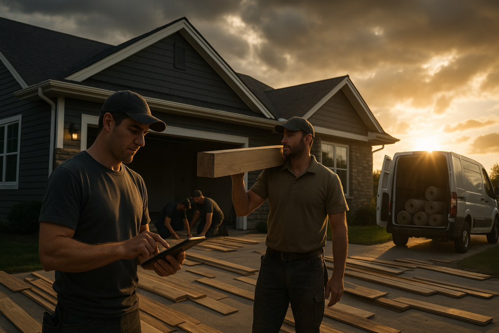 Ultra realistic image for How Flooring Companies Schedule Fitting Teams Efficiently. Focus: wide cinematic exterior view with dramatic lighting, ultra realistic
