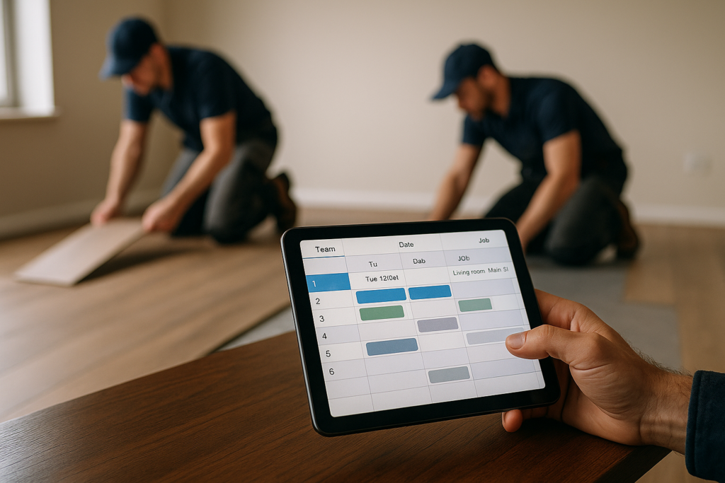 Ultra realistic image for How Flooring Companies Schedule Fitting Teams Efficiently. Focus: intimate interior detail shot with shallow depth of field, ultra realistic
