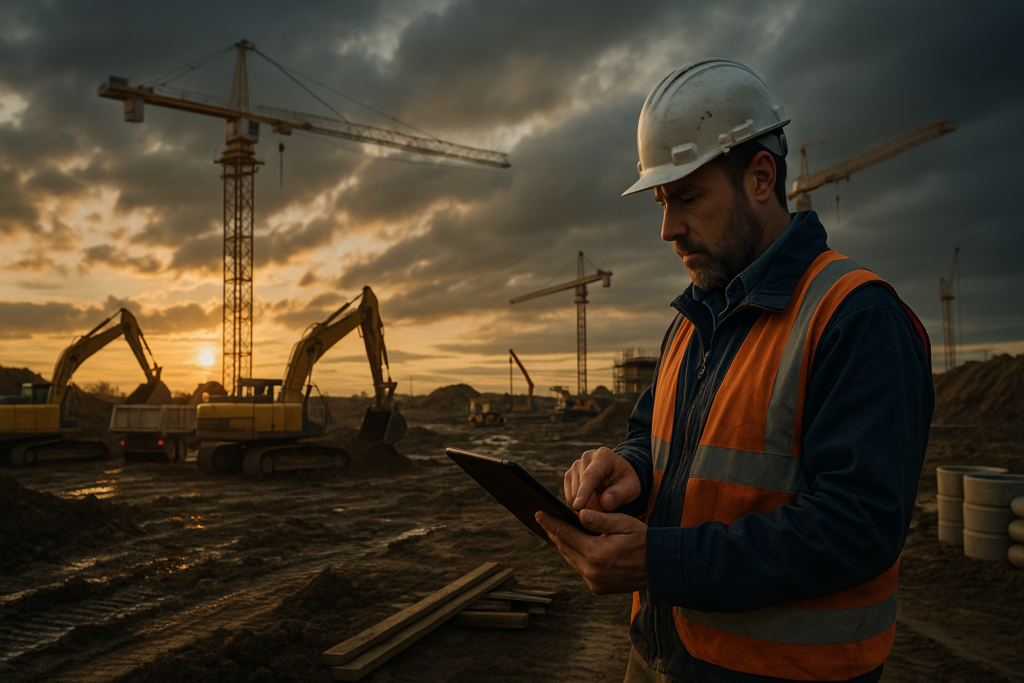 Ultra realistic image for How Groundworkers Track Multiple Site Operations. Focus: wide cinematic exterior view with dramatic lighting, ultra realistic