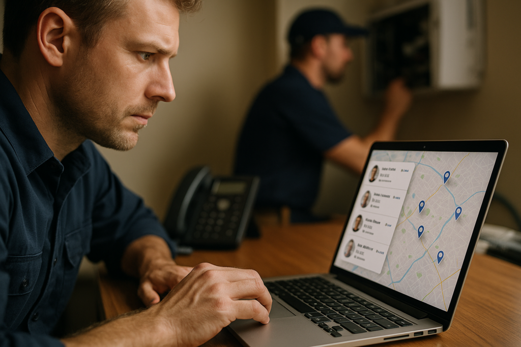 Ultra realistic image for How HVAC Companies Track Multiple Engineers Across Sites. Focus: intimate interior detail shot with shallow depth of field, ultra realistic
