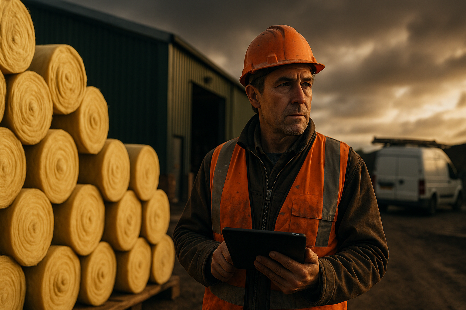 Ultra realistic image for How Insulation Contractors Track Material and Labour Costs. Focus: wide cinematic exterior view with dramatic lighting, ultra realistic