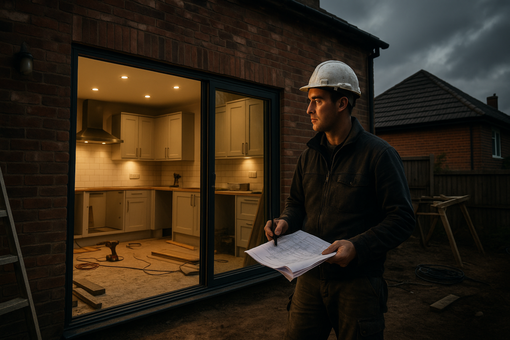 Ultra realistic image for How Kitchen Fitters Manage Complex Multi-Trade Projects. Focus: wide cinematic exterior view with dramatic lighting, ultra realistic