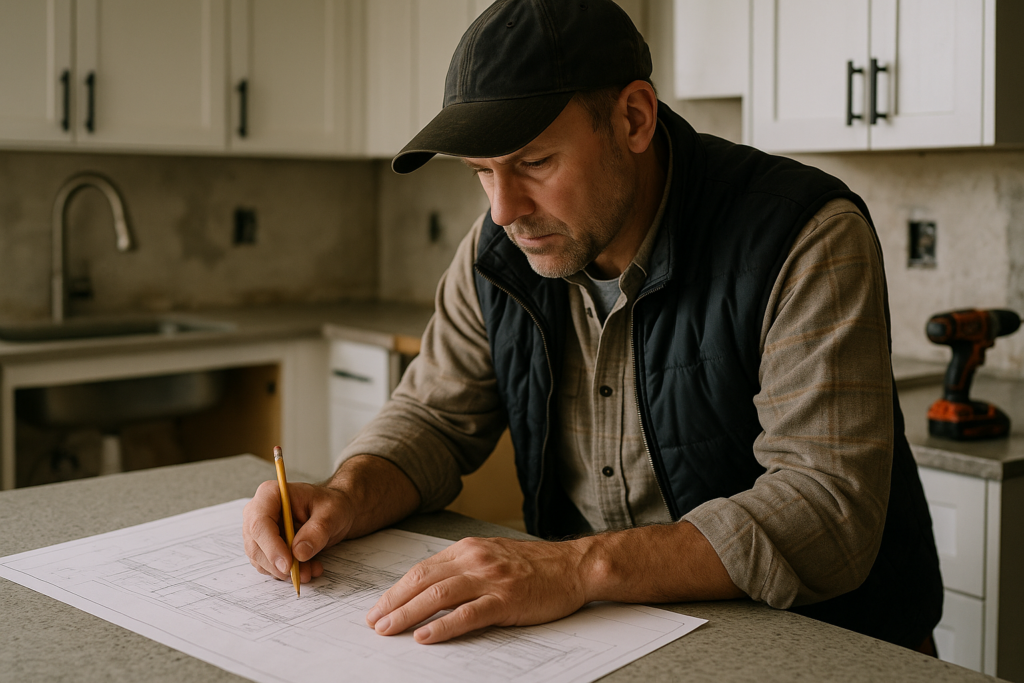 Ultra realistic image for How Kitchen Fitters Manage Complex Multi-Trade Projects. Focus: intimate interior detail shot with shallow depth of field, ultra realistic